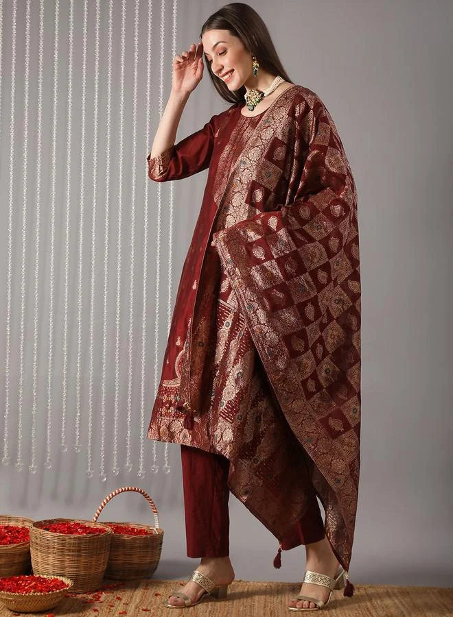 globus Women Maroon Ethnic Print Embroidered Straight Kurta with Pant and Dupatta Set